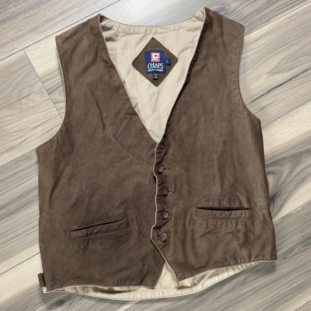 Chaps Ralph Lauren Mens Leather Front Canvas Back Vest Brown Tan Size L Vintage
